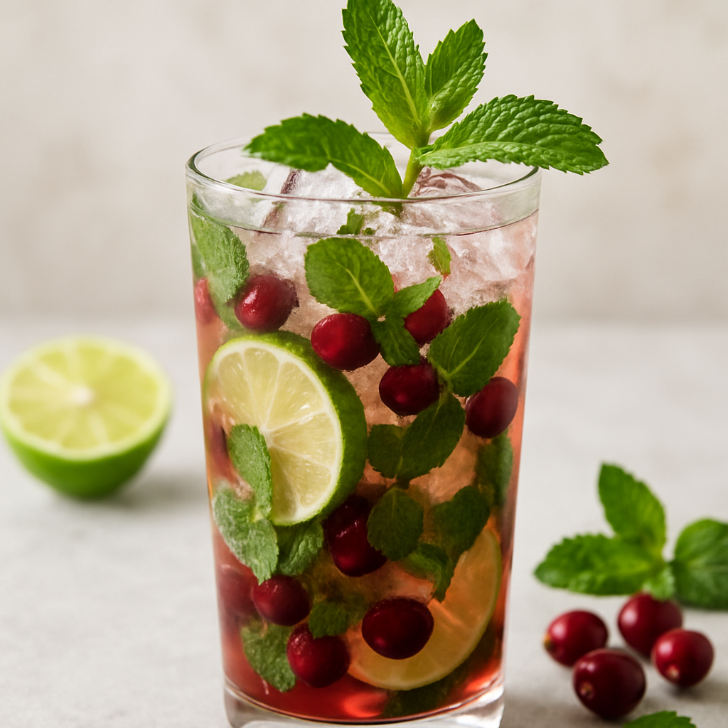 A refreshing cranberry mojito served in a tall glass with mint leaves and lime slices