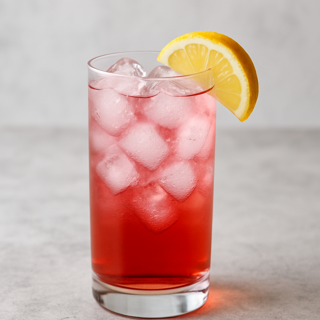 A cranberry vodka collins in a glass with a lemon slice and ice