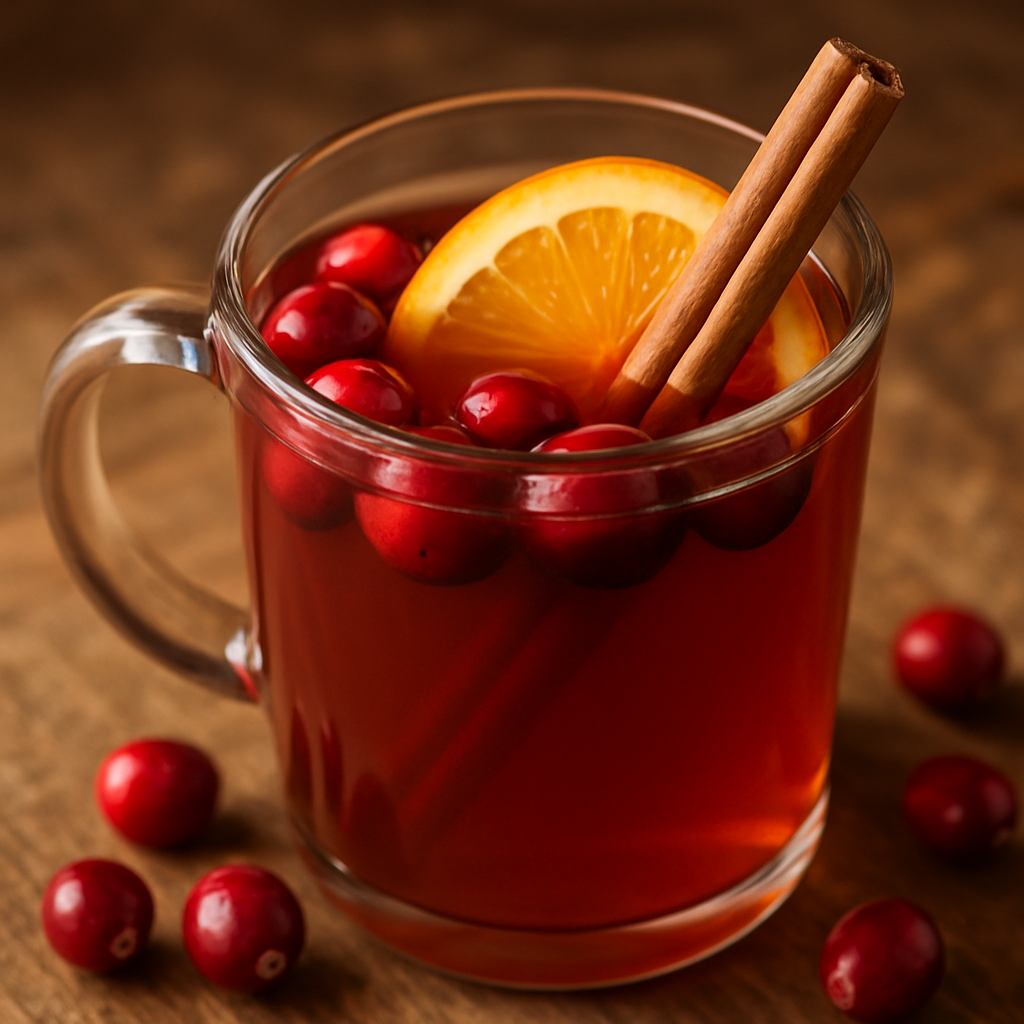 A warm cranberry apple cider in a mug with an orange slice and cinnamon stick